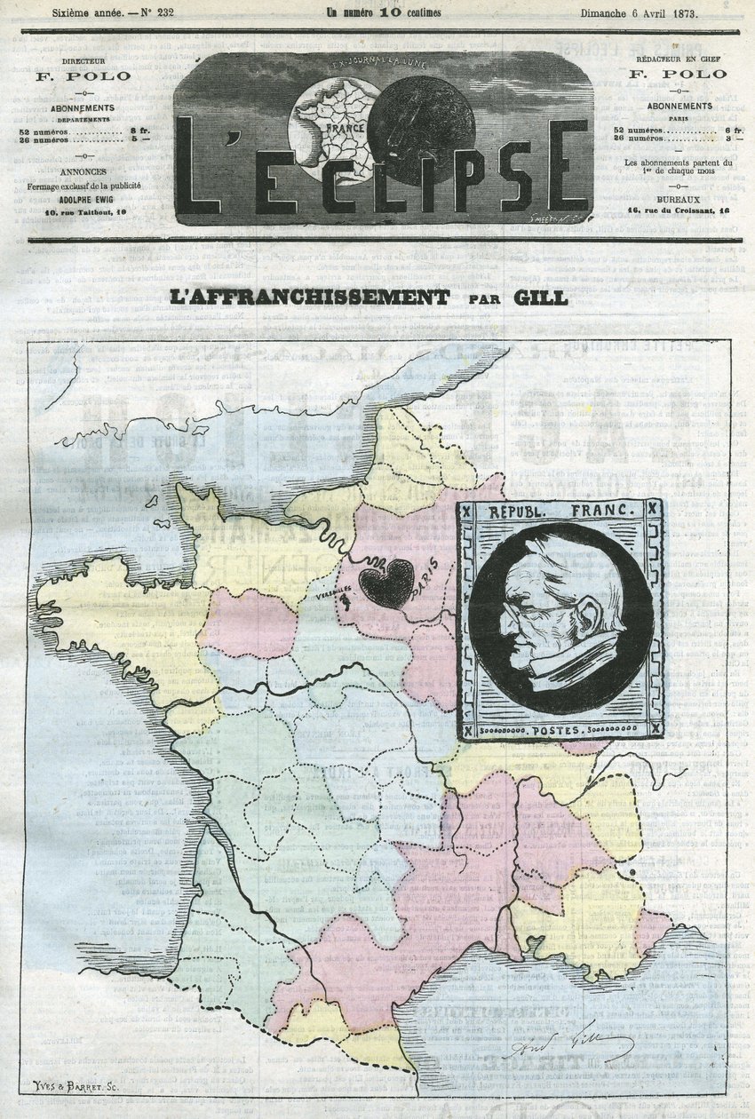 Correo, mapa de Francia en cuatro zonas y su sello con el perfil del Presidente de la República Adolphe Thiers (1797-1877). Portada en 