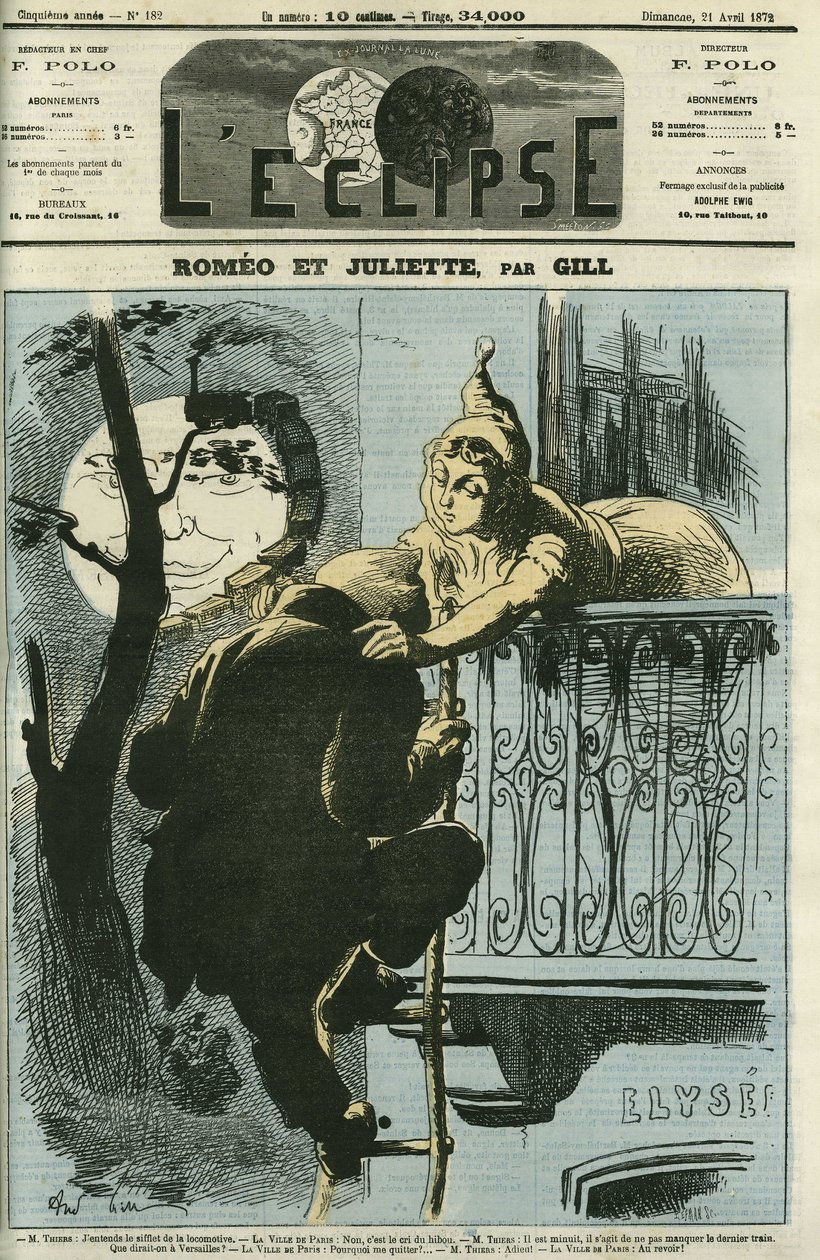 Romeo y Julieta, Adolphe Thiers (1797-1877) diputado de París dejó la ciudad para Versalles cuando se convirtió en Presidente de la República. Portada en “L