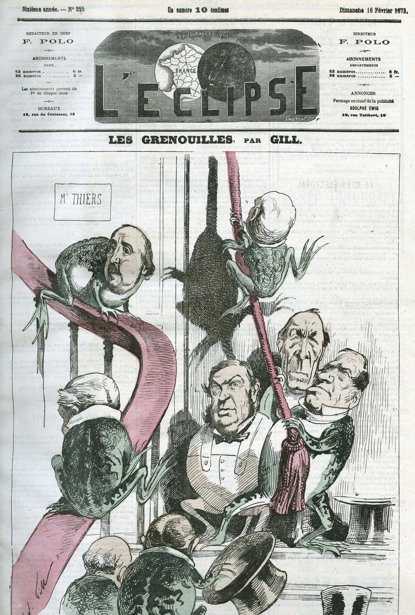 Las ranas, una caricatura de políticos en el gobierno del Presidente Thiers en ranas. Portada en "L