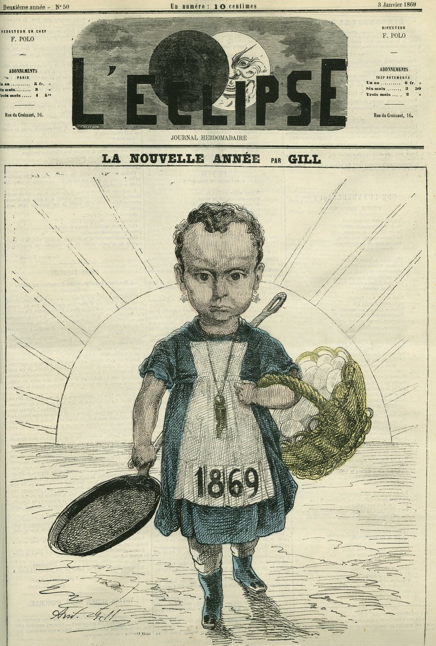 El Año Nuevo, ilustración de una niña sosteniendo una estufa y una canasta de huevos. Portada en 