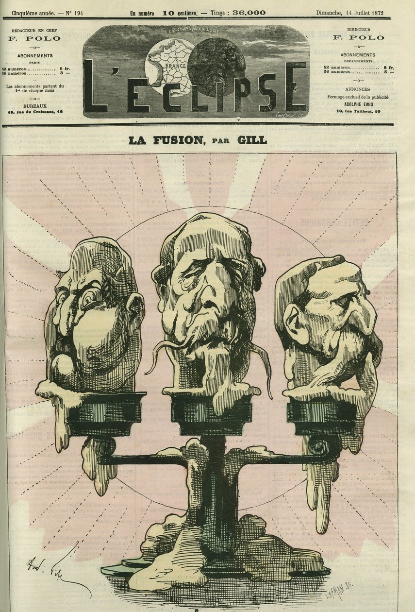La fusión, una ilustración de la constitución de la Asamblea, con realistas, bonapartistas y republicanos. Portada en "L