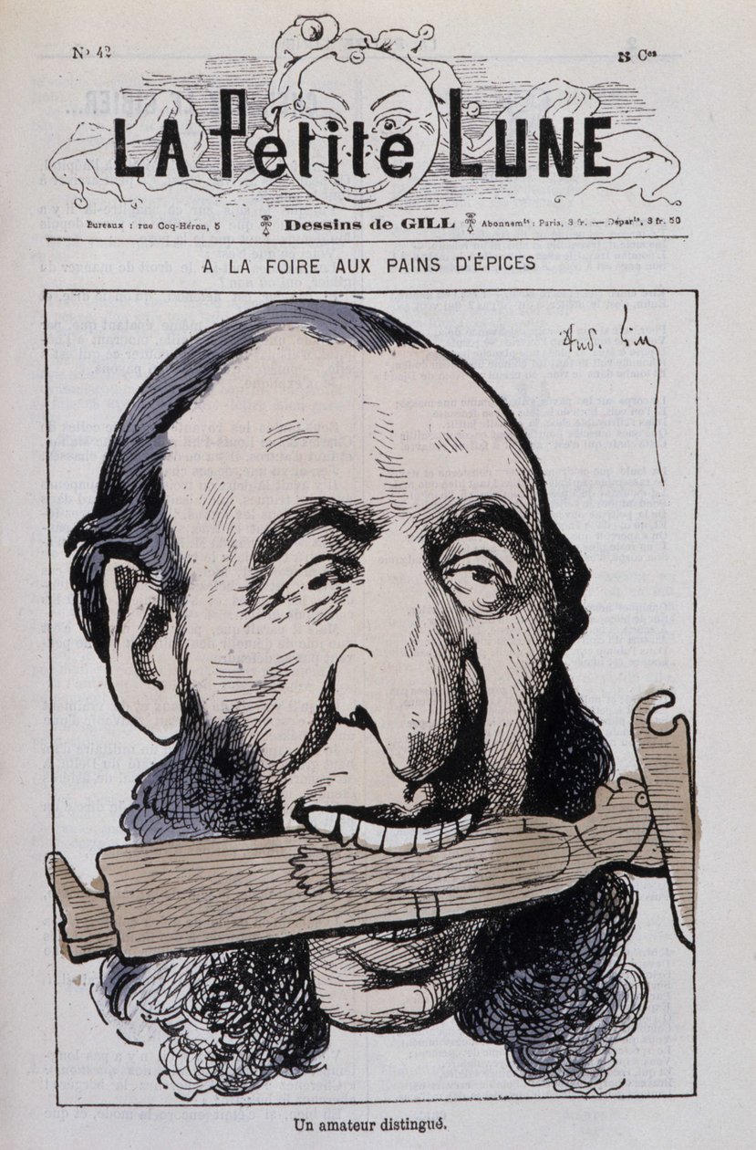 La feria del pan de jengibre, un aficionado distinguido: Caricatura de Jules Ferry anticlerical - en “La Pequeña Luna” de Andre Gill