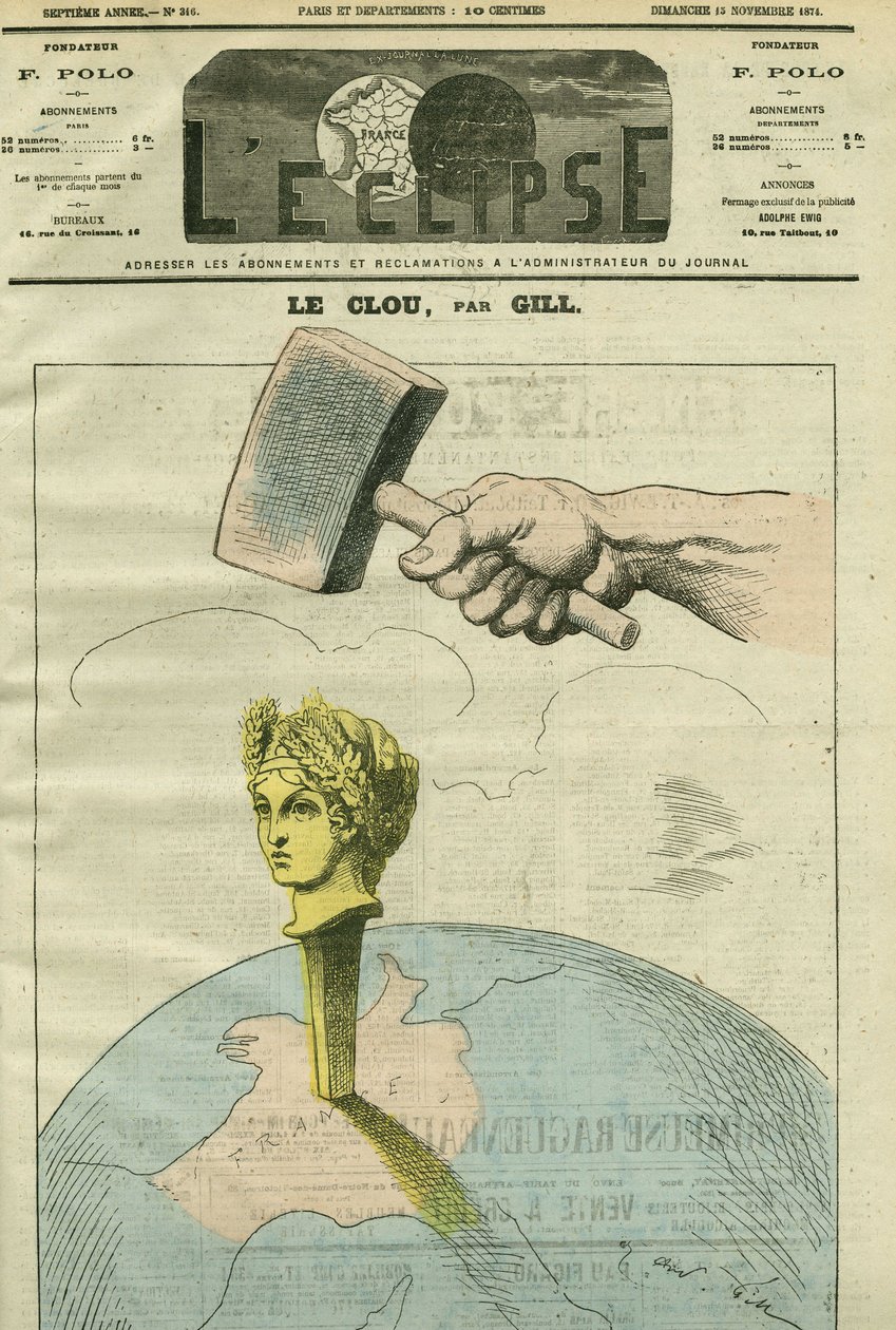 El clavo, una caricatura sobre la República que ilustra una cita de Alexandre Dumas Fils: "Las opiniones son como clavos. Cuanto más los golpeas, más los golpeas." Portada en "L