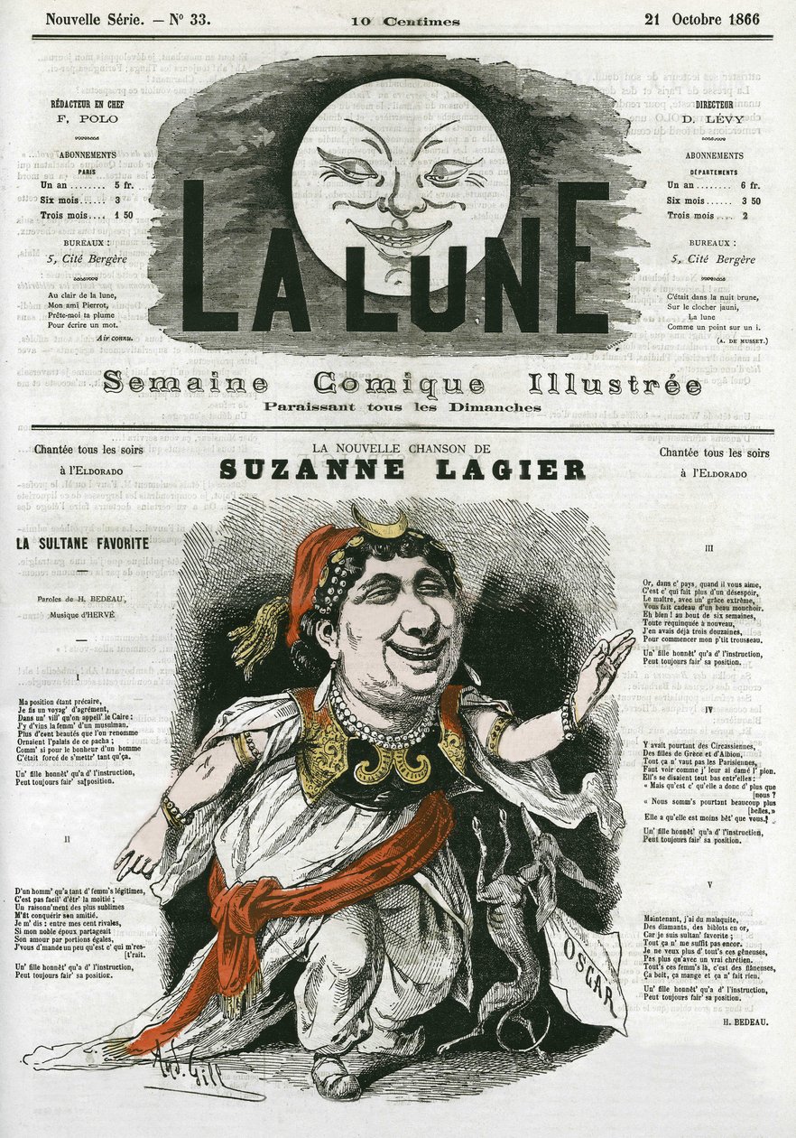 La nueva canción de Suzanne Lagier, cantante en el Eldorado. Caricatura de Gill, en “La Luna”, 21 de octubre de Andre Gill