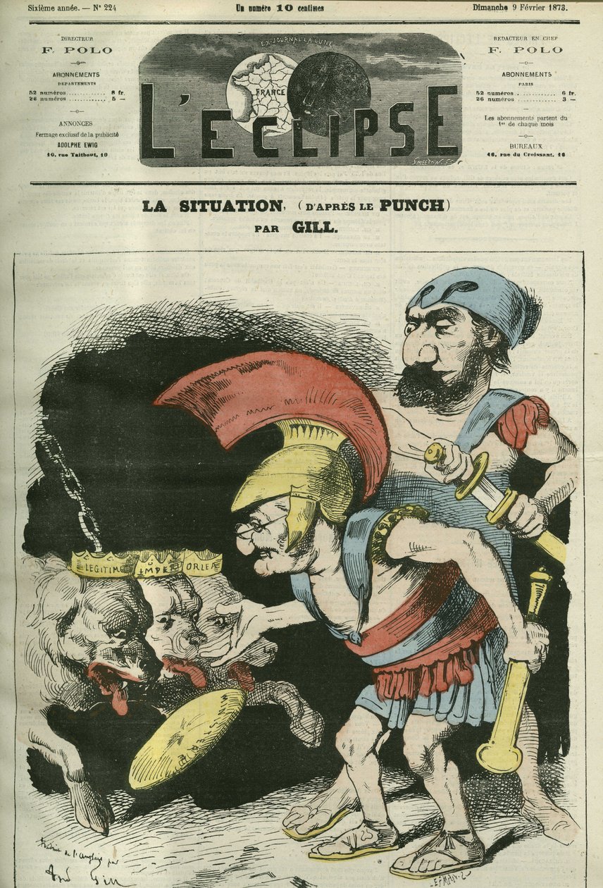 La situación, caricatura de Adolphe Thiers (1797-1877) y Leon Gambetta (1838-1882) dando un ministerio a perros realistas y bonapartistas. Portada en “L