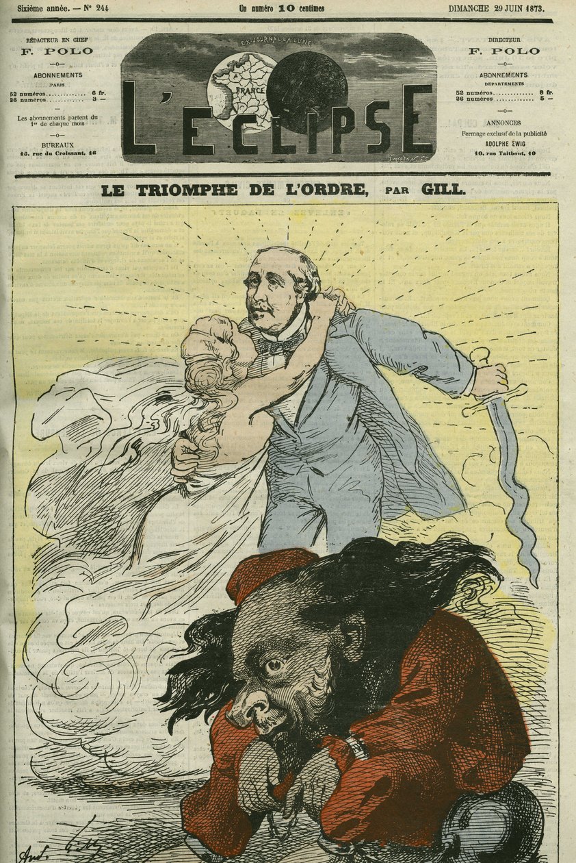 El triunfo del orden, una caricatura de Gill, enumerada por el orden establecido por el Duque de Broglie (1821-1901). Portada en “L