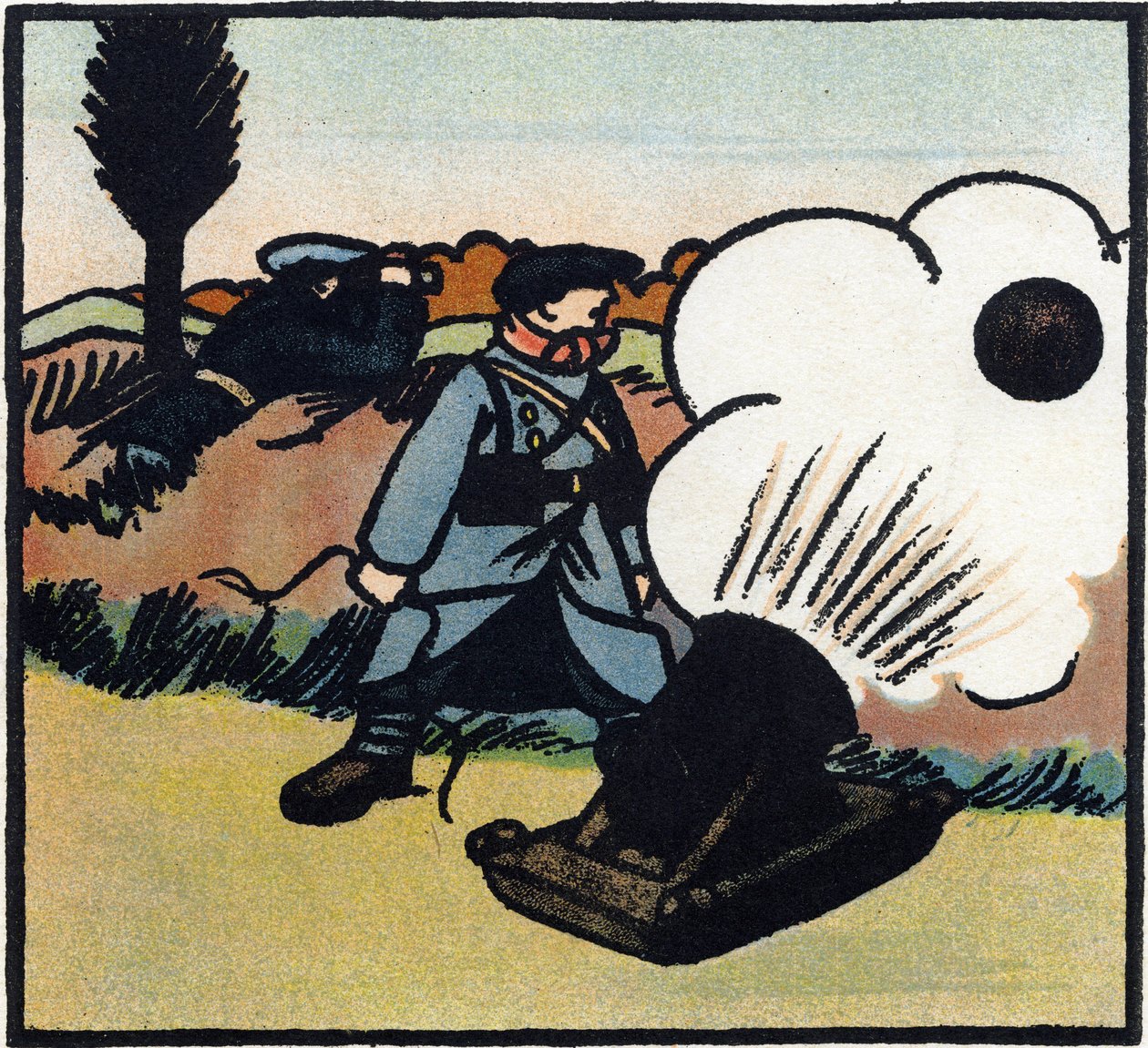 Primera Guerra Mundial 1914-1918 (14-18): Lanzabombas. Un soldado francés lanza bombas al enemigo con un cañón. Grabado en "Alfabeto de la Gran Guerra 1914-1916 (para los hijos de nuestros soldados)". Ediciones Berger-Levrault de Andre Helle