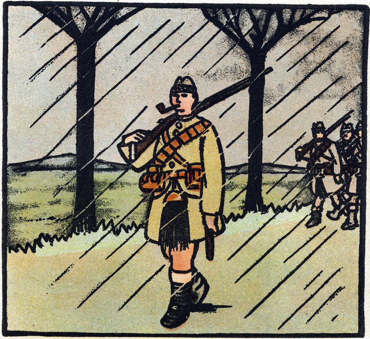 Primera Guerra Mundial 1914-1918 (14-18): Highlander. Los soldados de Escocia vinieron a ayudar al ejército francés. Su uniforme militar consiste en una falda escocesa. Grabado en "Alfabeto de la Gran Guerra 1914-1916 (para los hijos de nuestros soldados)" de Andre Helle