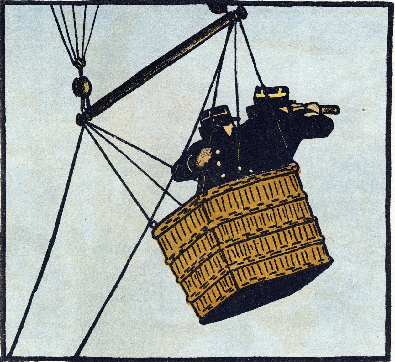 Primera Guerra Mundial 1914-1918 (14-18): Observadores (puesto de observación) del ejército francés en un globo cautivo intentando divisar al enemigo. Grabado en "Alfabeto de la Gran Guerra 1914-1916 (para los hijos de nuestros soldados)". Ediciones Berger de Andre Helle