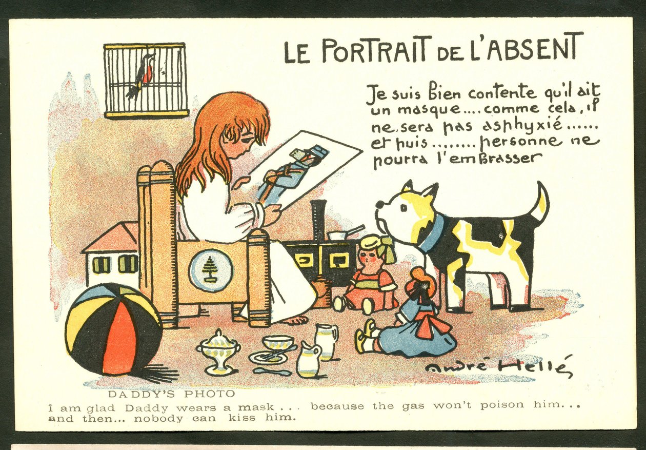 Postal, Satírica en color: El retrato del ausente - Guerra de los 14 -18, Ilustración infantil de André Helle (1875-1945) de Andre Helle