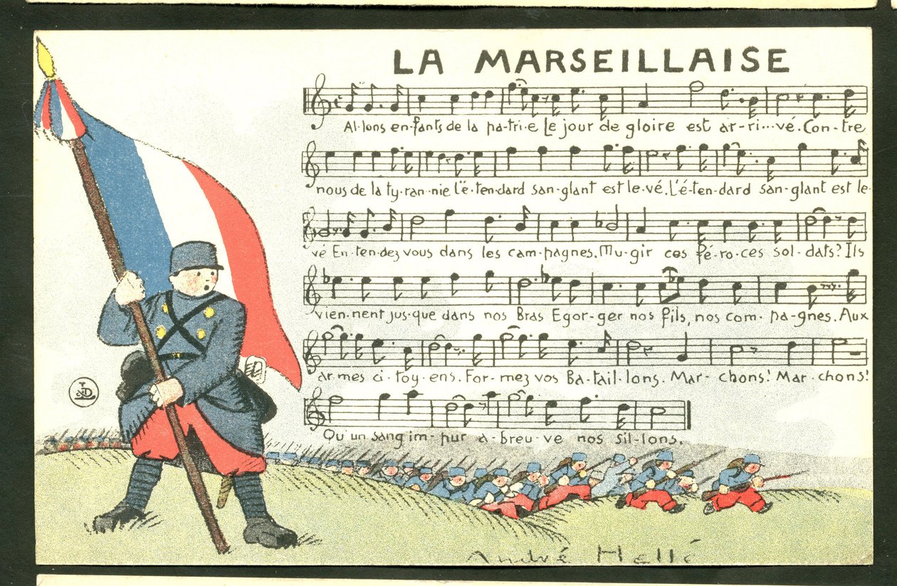 Tarjeta Postal, Satírica en Colores: La Marsellesa - Guerra del 14 -18, Marsellesa, Ilustración cantada de André Helle (1875-1945) de Andre Helle