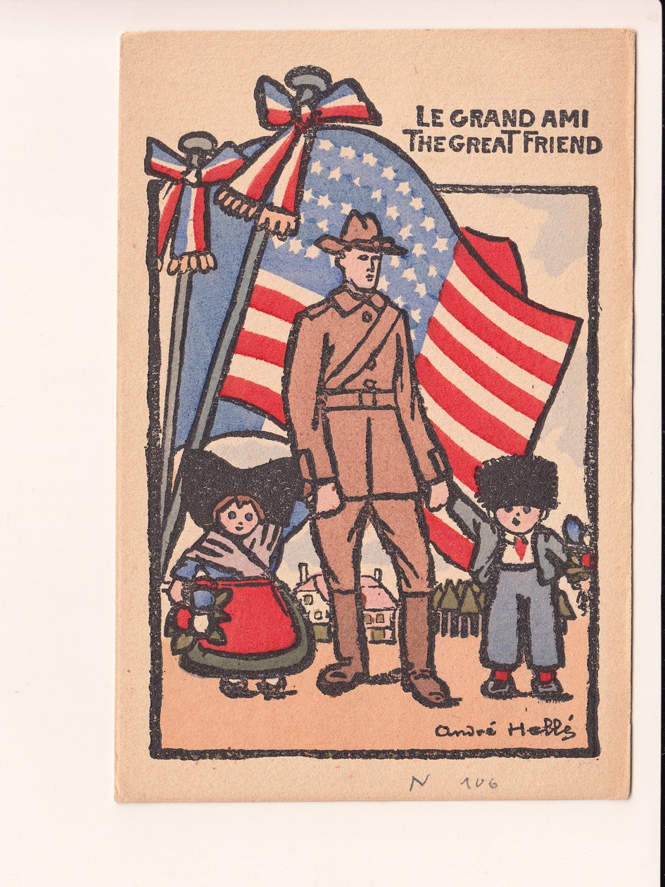 Tarjeta postal, satírica en colores: Le grand ami el gran amigo - Guerra del 14 -18, América, Alsacia Lorena Ilustración de André Helle (1875-1945) de Andre Helle