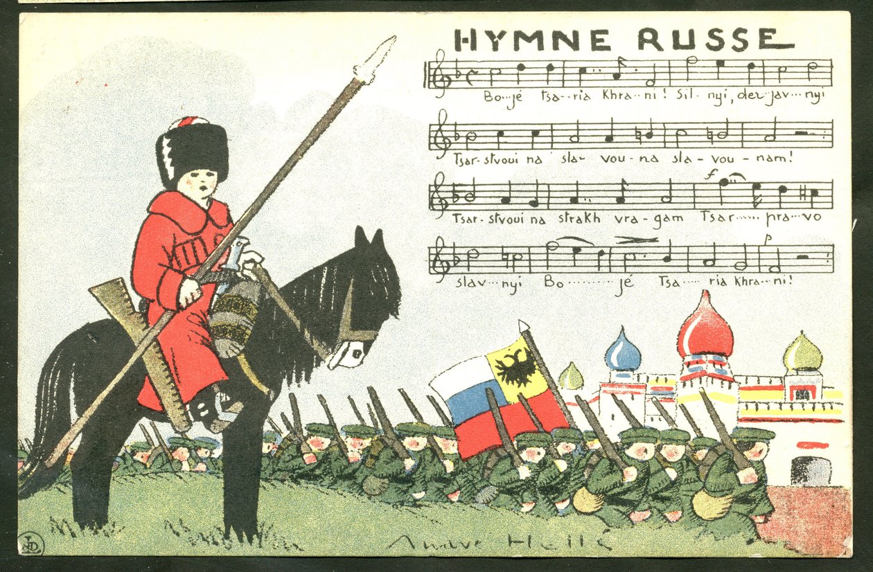 Postal, Satírica en Colores: Himno Ruso - Guerra del 14 -18, Rusia, Cantando - Soldados Ilustración de Andre Helle (1875-1945) de Andre Helle