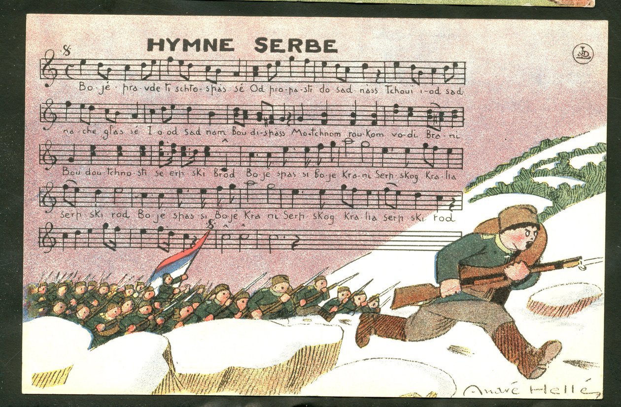 Postal, satírica en colores: Himno serbio - Guerra del 14-18, Canción, Serbia - Soldados Ilustración de André Helle (1875-1945) de Andre Helle