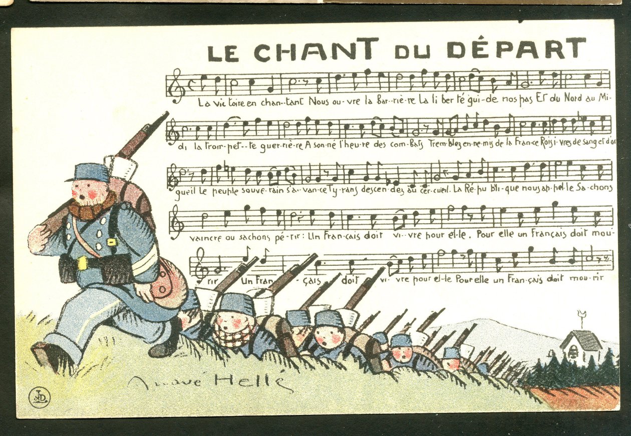 Tarjeta Postal, Satírica en Colores: El Canto de la Partida - Guerra del 14 -18, Canto - Soldados Ilustración de André Helle (1875-1945) de Andre Helle
