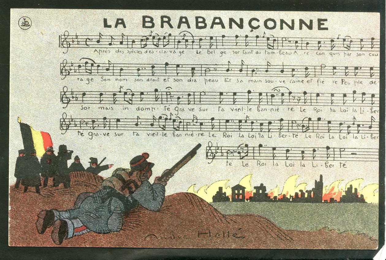 Tarjeta postal, satírica en colores, hacia 1915: La brabanconne - Guerra del 14 -18, Bélgica, Canto - Soldados Ilustración de André Helle (1875-1945) de Andre Helle
