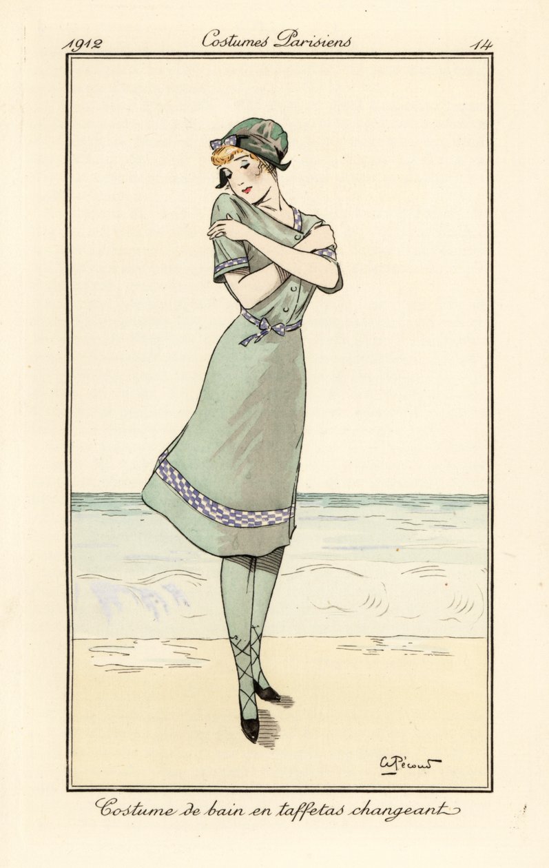 Mujer en la playa en traje de baño de tafetán bicolor de Andre Pecoud