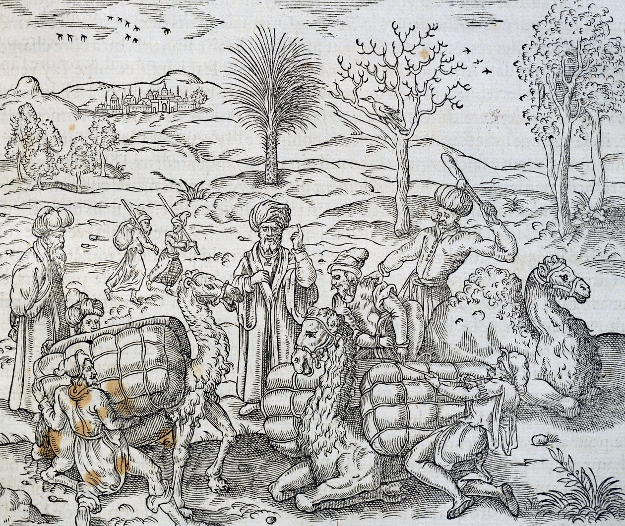 Comerciantes árabes en Siria, grabado de Cosmología Universal, por Andre Thevet de Andre Thevet