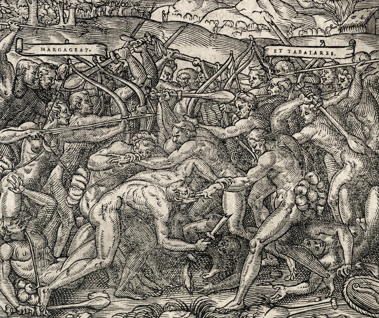 Batalla entre las tribus Margageaz y Tabajares, grabado de Cosmología Universal, por André Thevet (1504-1592) de Andre Thevet