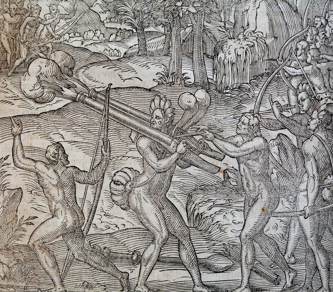 Batalla entre nativos en Canadá, grabado de Cosmographie Universelle, por André Thevet, París 1575 de Andre Thevet