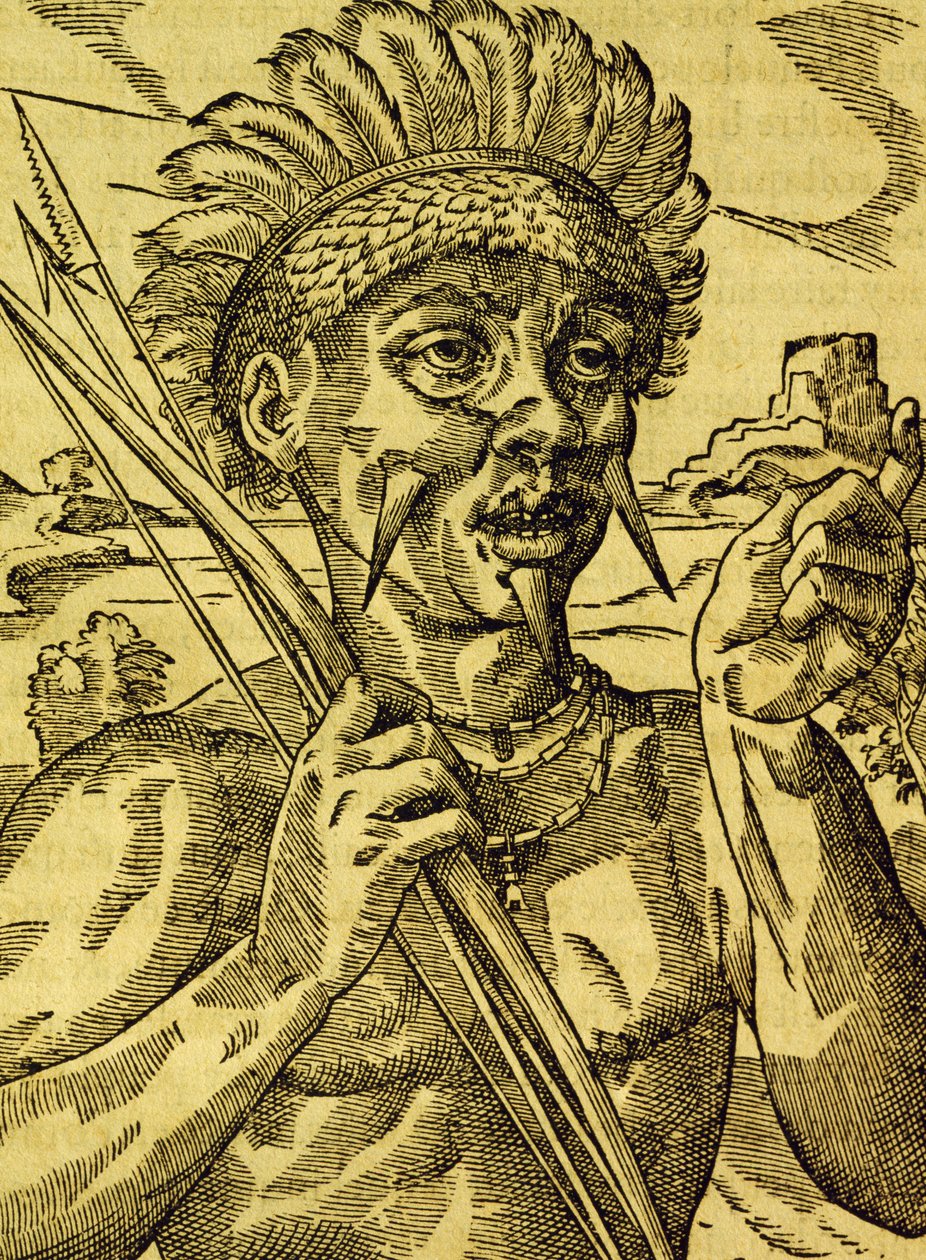 Jefe de tribu de caníbales, grabado de Cosmología Universal, por André Thevet (1504-1592), París de Andre Thevet