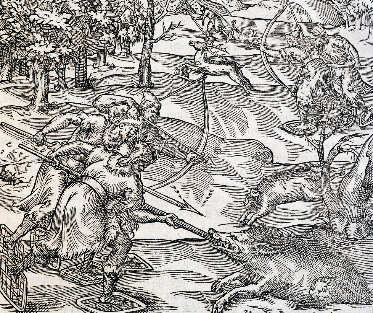Indios cazando jabalíes, grabado de Cosmología Universal, por André Thevet, París de Andre Thevet