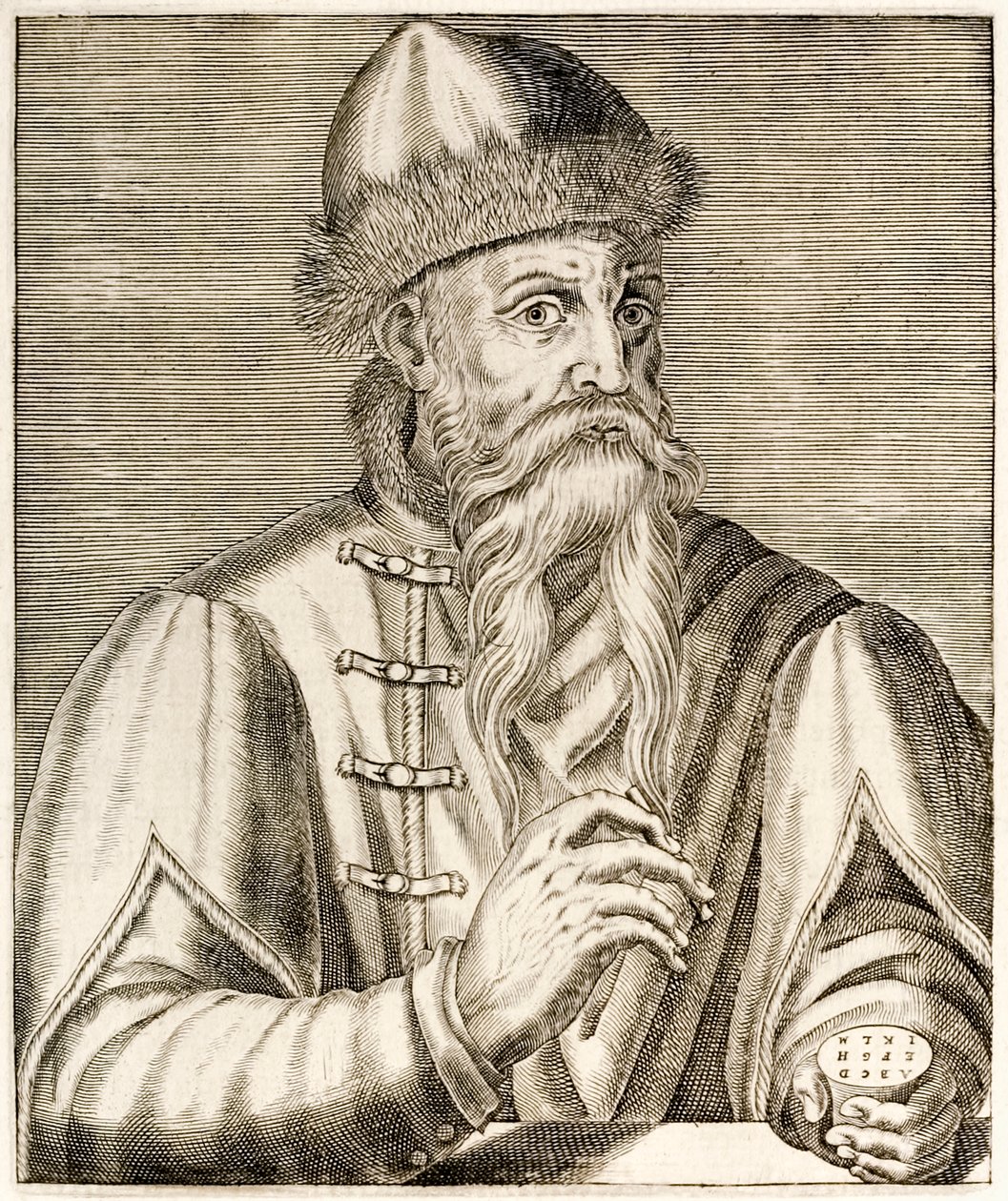 Johannes Gutenberg: inventor alemán cuya invención de la imprenta de tipos móviles inició la revolución de la impresión, de True Portraits por André Thévet publicado en 1584 de Andre Thevet