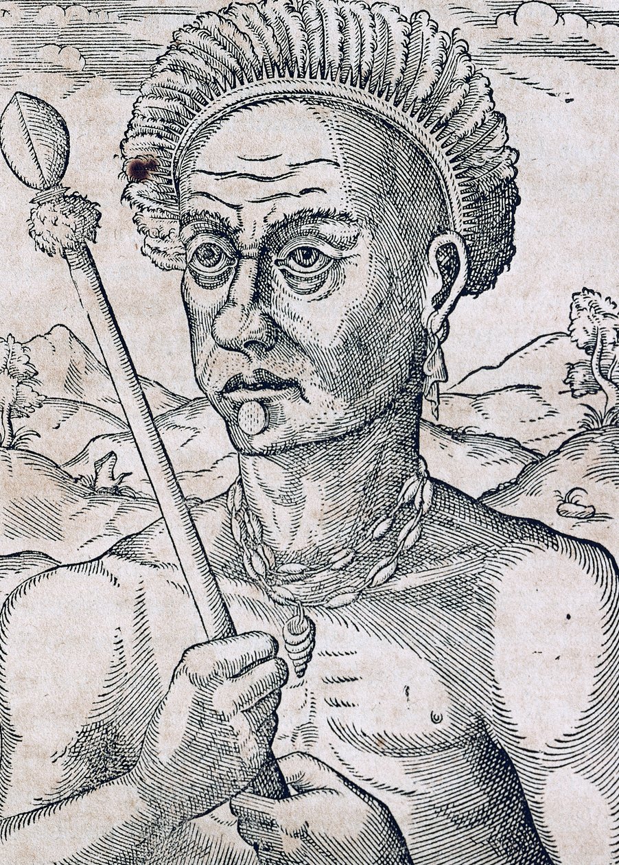 Rey Quoniambec, Brasil, grabado de la Cosmología Universal de Andre Thevet