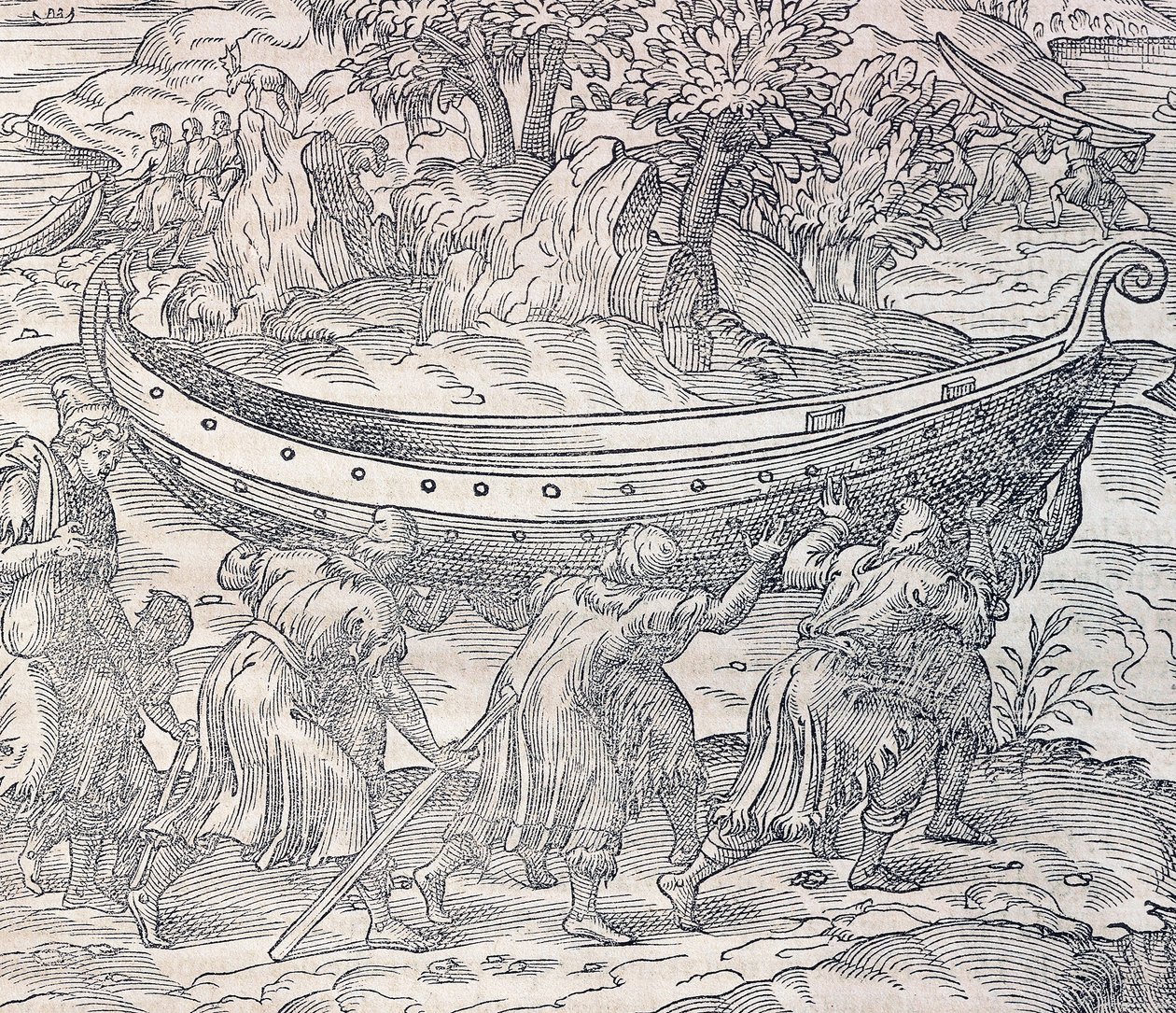 Lapones llevando sus botes de un lugar a otro, grabado de la Cosmología Universal, por André Thevet (1504-1592), París de Andre Thevet