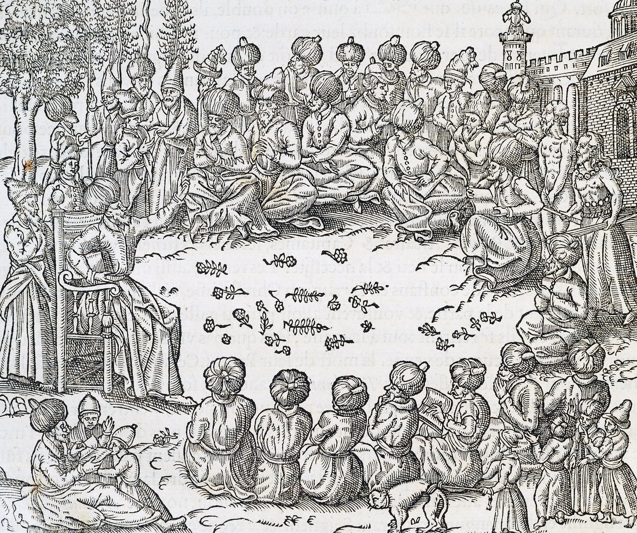 Encuentro entre turcos y árabes, Marruecos, grabado de la Cosmología Universal, por André Thevet (1504-1592), París de Andre Thevet