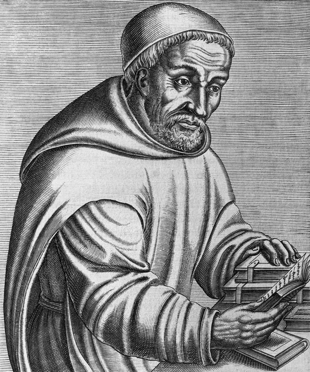 Retrato de Rabanus Maurus Magnentius, monje benedictino y teólogo alemán, grabado de Les vrais pourtraits et vies des hommes illustres grecz, latins et payens, por Andre Thevet de Andre Thevet