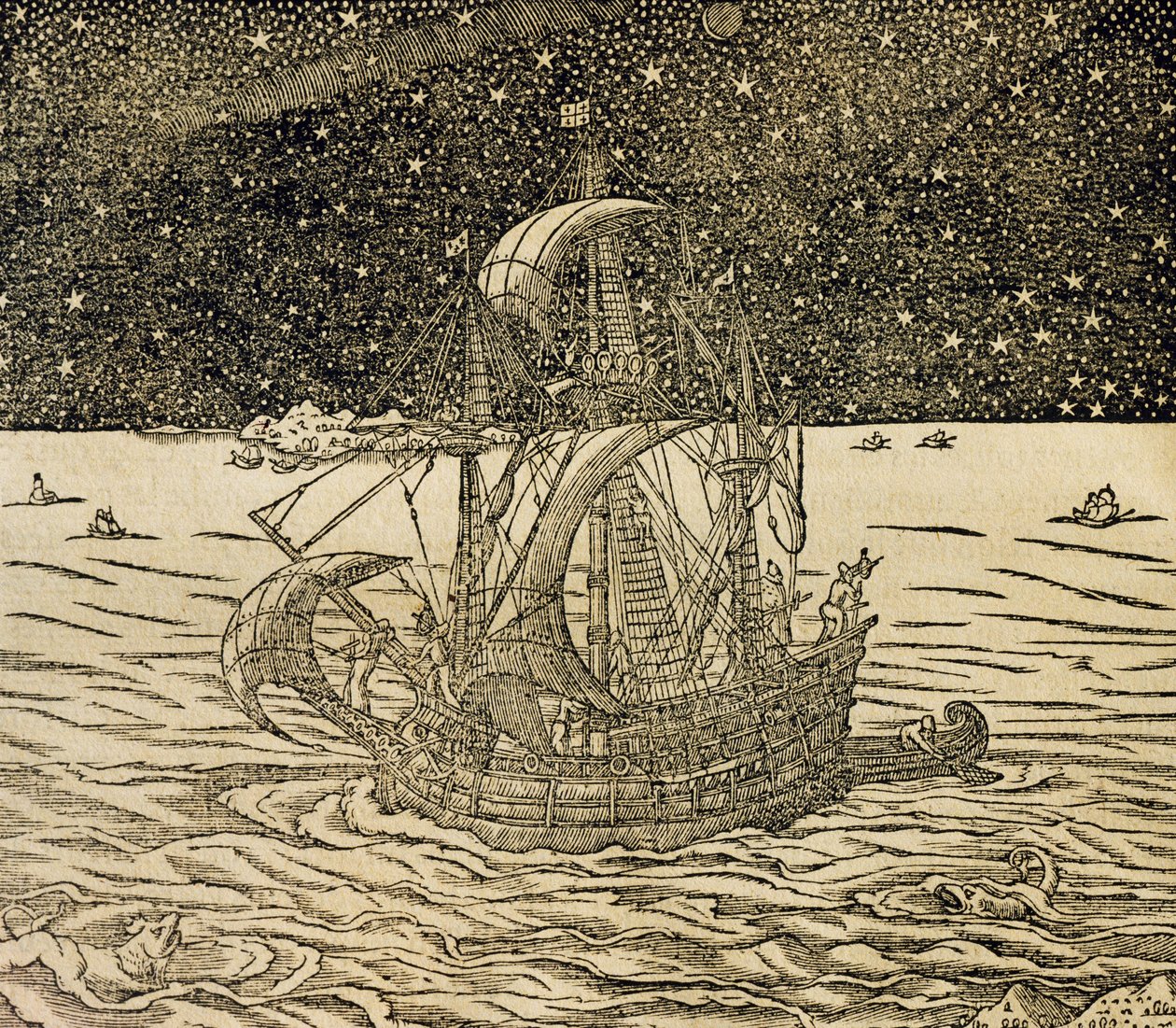 Marineros siguiendo la ruta del norte, grabado de Cosmología Universal, por Andre Thevet (1504-1592), París de Andre Thevet
