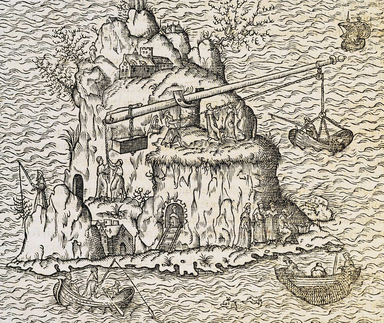 Técnica de transporte de barcos en la Isla de Creta, grabado de La Cosmographie Universelle, por Andre Thevet de Andre Thevet