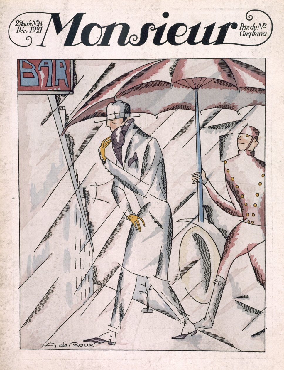 Hombre con gabardina, portada de la revista "Monsieur", nº 24, pub. diciembre de 1921 (impresión en pochoir) de Andre de Roux