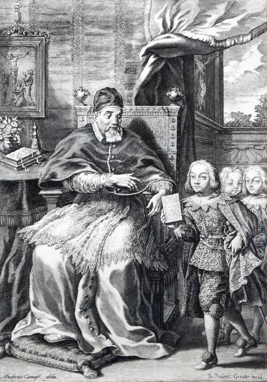 Papa Urbano VIII con sus sobrinos, grabado por Johann Friedrich Greuter de Andrea Camassei