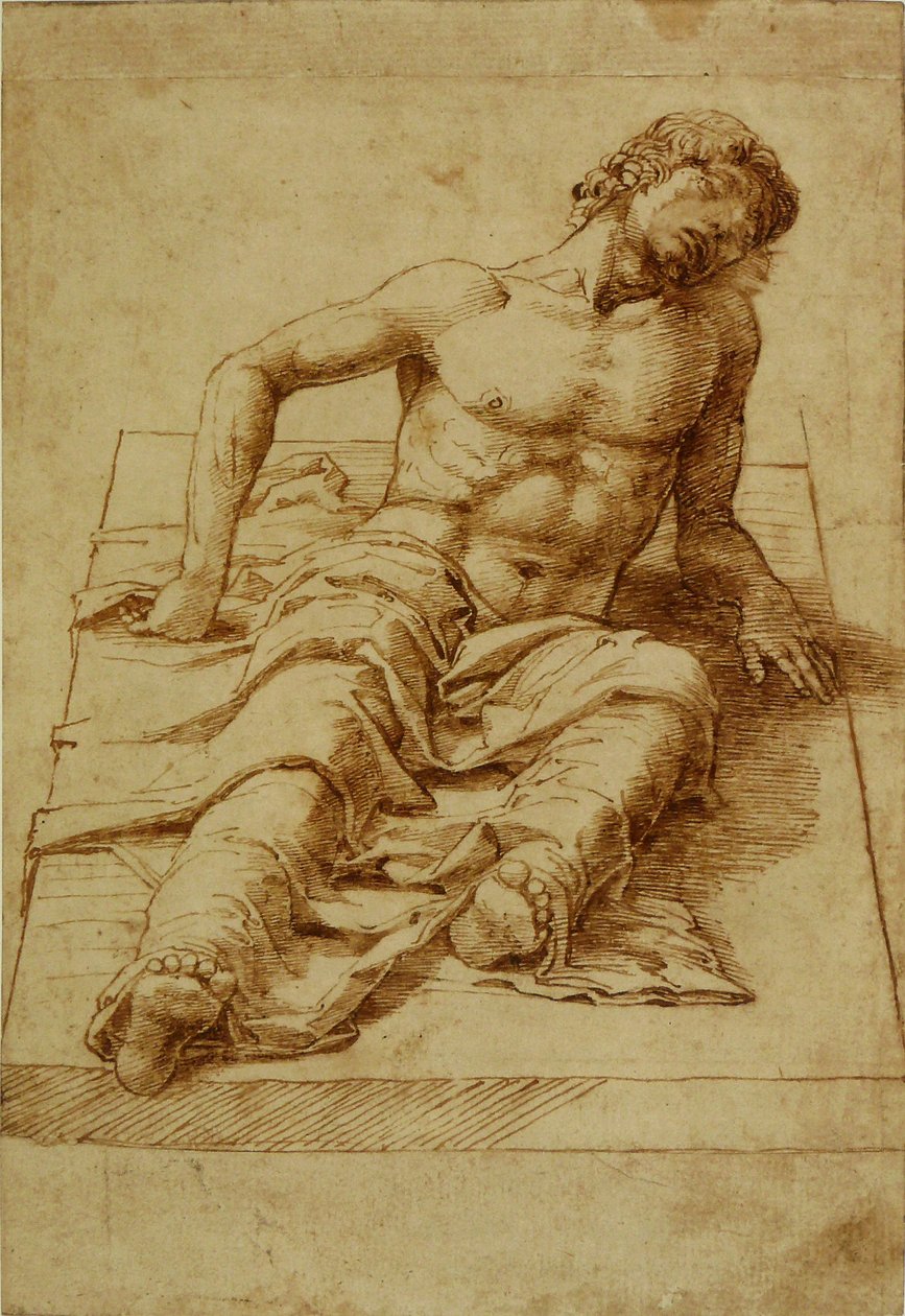 Hombre tendido sobre una losa de piedra de Andrea Mantegna