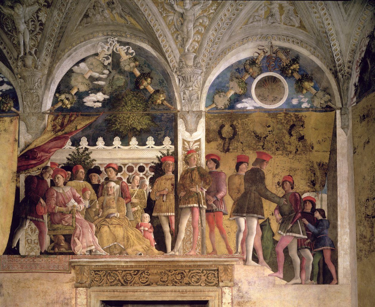 Marqués Ludovico Gonzaga III de Mantua (reg. 1444-78), su esposa Bárbara de Brandeburgo, hijos, cortesanos y su perro Rubino, de la Cámara de los Esposos o Cámara Picta, 1465-74 (detalle) de Andrea Mantegna