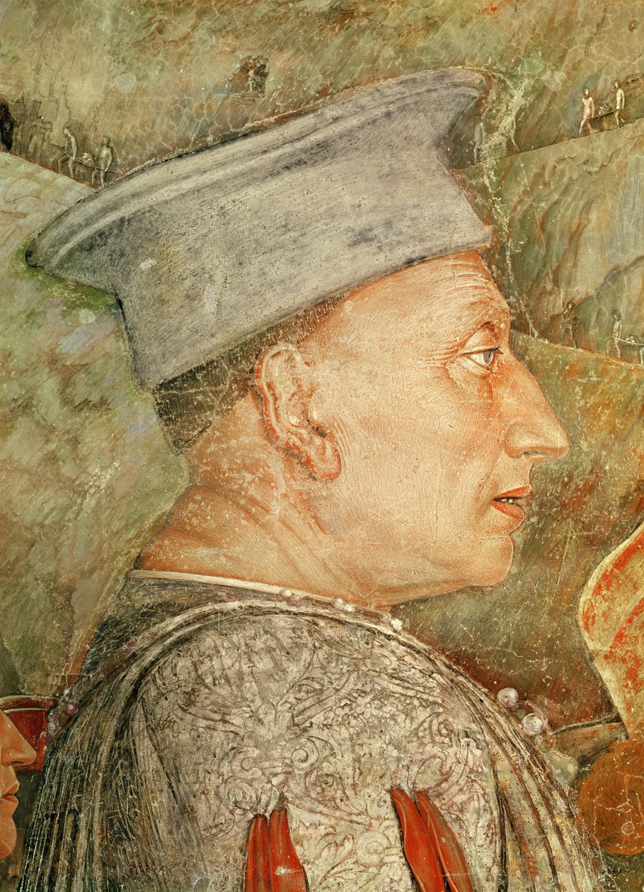 Marqués Ludovico Gonzaga III de Mantua saludando a su hijo el Cardenal Francesco Gonzaga, detalle de Ludovico Gonzaga, c.1465-74 (detalle) de Andrea Mantegna
