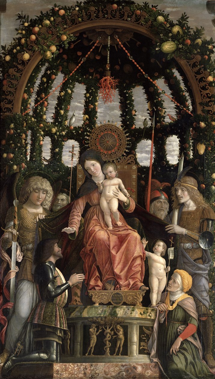 La Virgen de la Victoria o La Madonna y el Niño entronizados con seis santos y adorados por Gian-Francesco II Gonzaga, encargado en 1495 de Andrea Mantegna