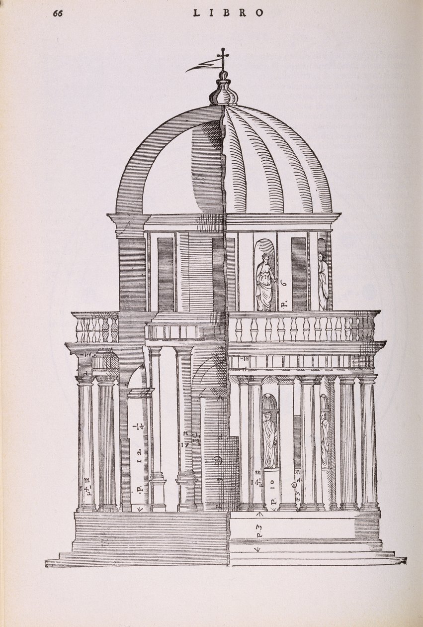 Elevación y Sección Transversal del Templo de Júpiter Stator, ilustración de una copia facsímil de 