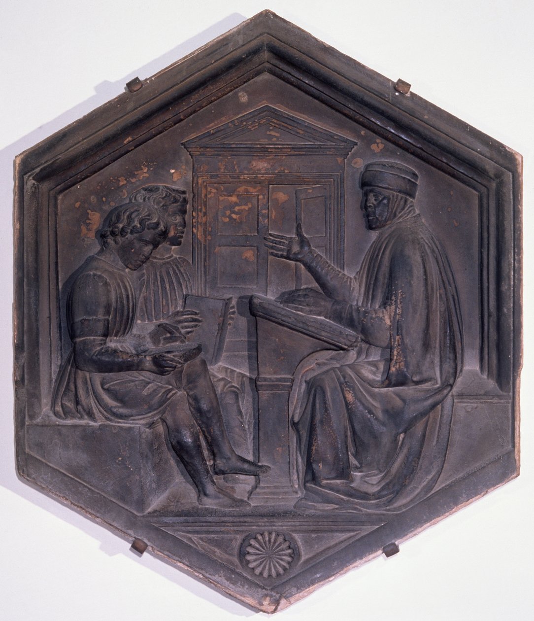 Gramática, azulejo decorativo hexagonal de una serie que representa las Siete Artes Liberales, posiblemente basado en diseños de Giotto, c.1334-48 de Andrea Pisano