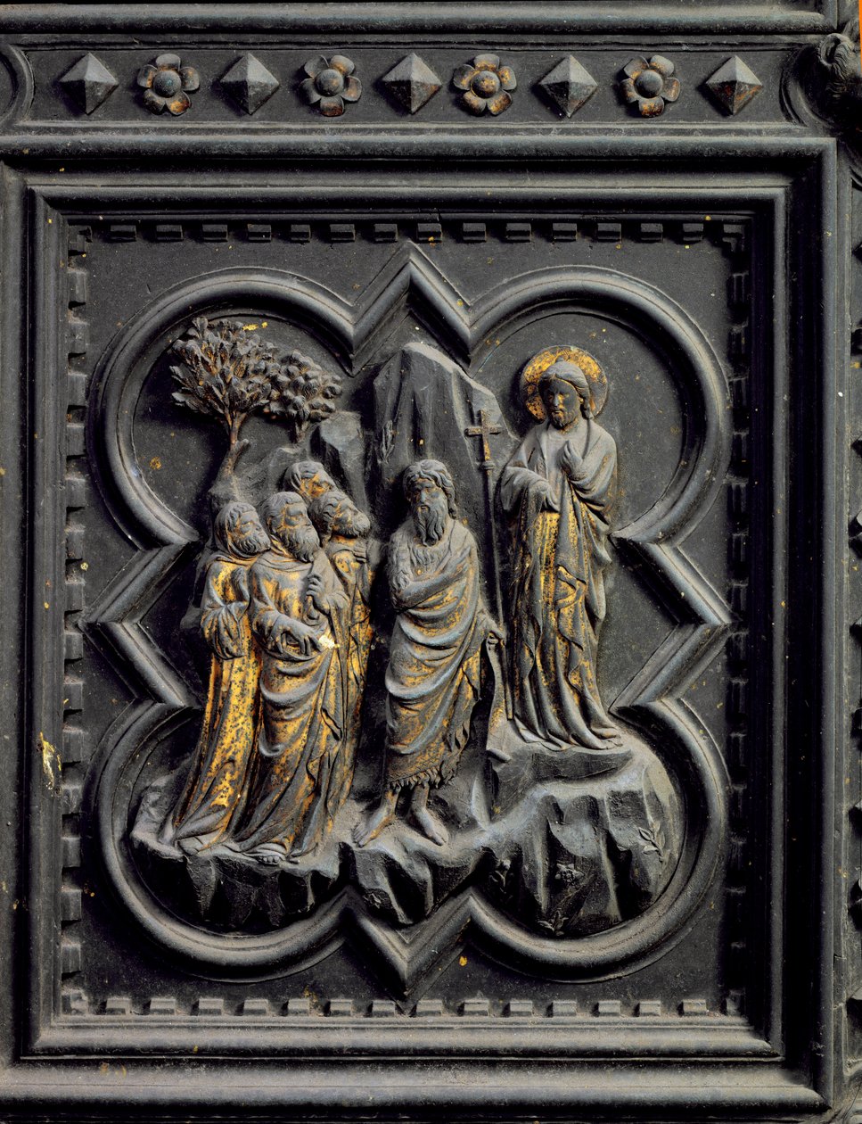 San Juan Bautista Anuncia a Cristo, octavo panel de las Puertas del Sur del Baptisterio de San Giovanni, 1336 de Andrea Pisano