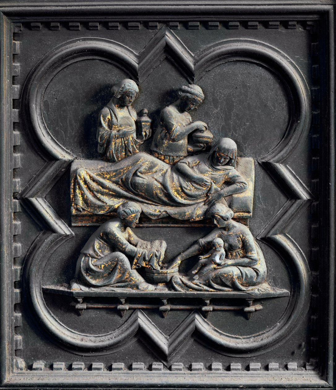 El Nacimiento de San Juan Bautista, cuarto panel de las Puertas del Sur del Baptisterio de San Giovanni, 1336 de Andrea Pisano