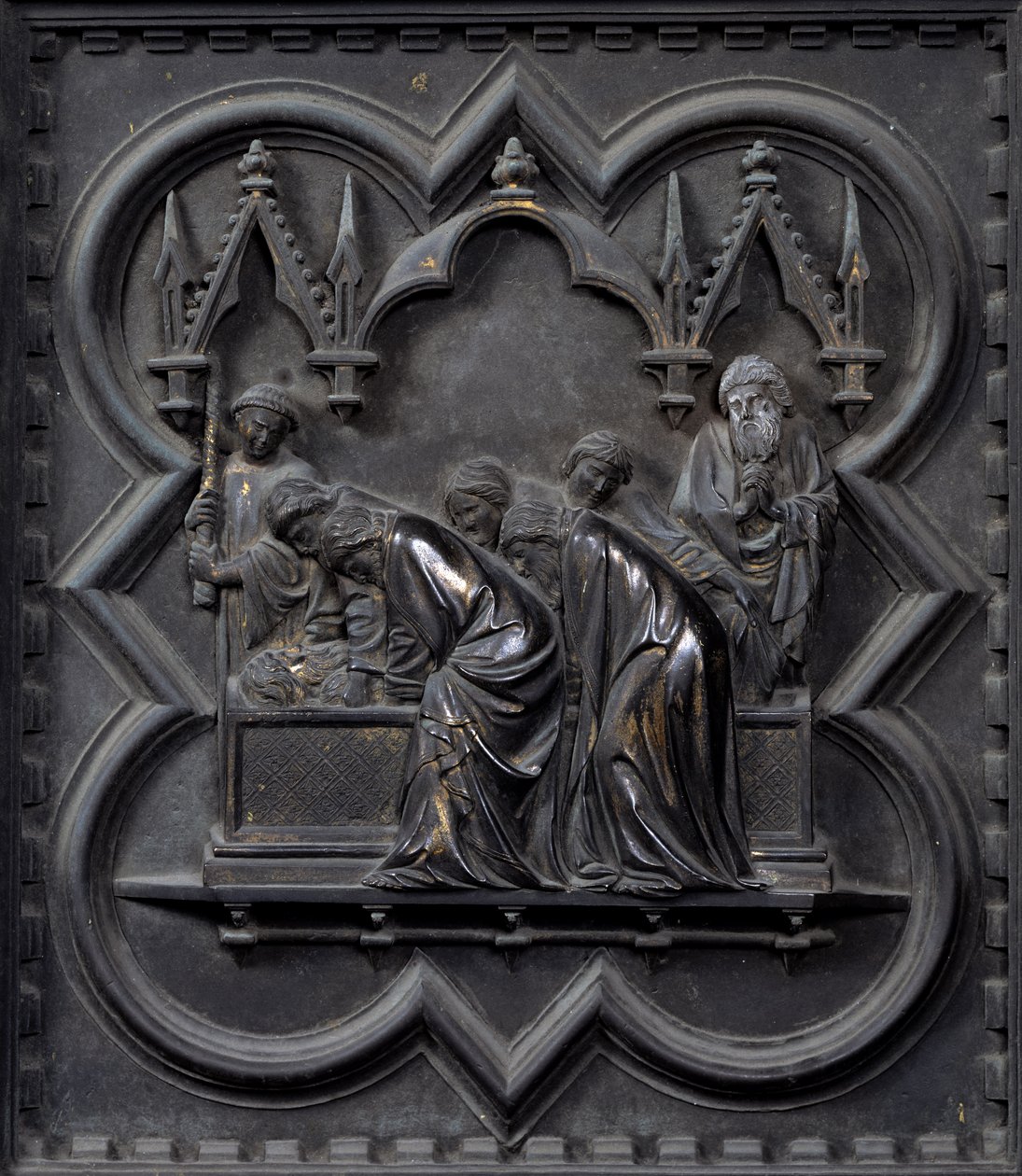 El entierro de San Juan Bautista, vigésimo panel de las puertas sur del Baptisterio de San Giovanni de Andrea Pisano