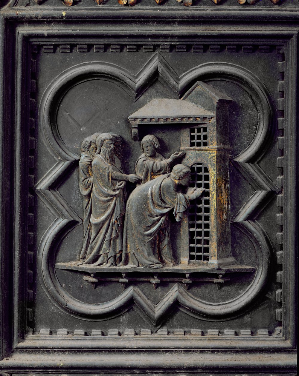 Los discípulos visitan a San Juan Bautista, decimotercer panel de las Puertas Sur del Baptisterio de San Giovanni de Andrea Pisano