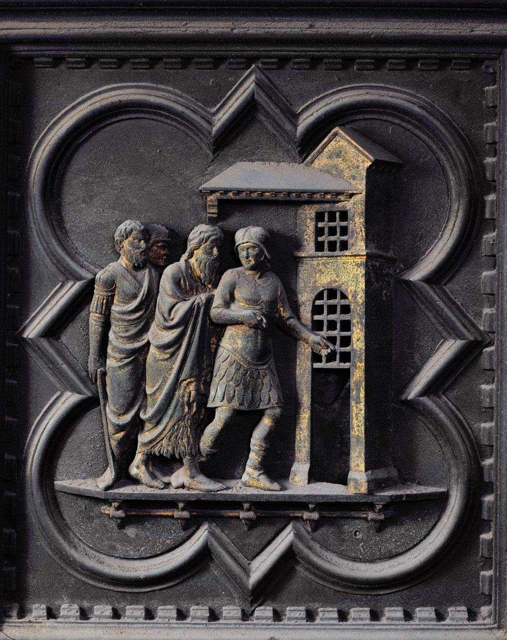 El encarcelamiento de San Juan Bautista, duodécimo panel de las Puertas del Sur del Baptisterio de San Giovanni, 1336 de Andrea Pisano