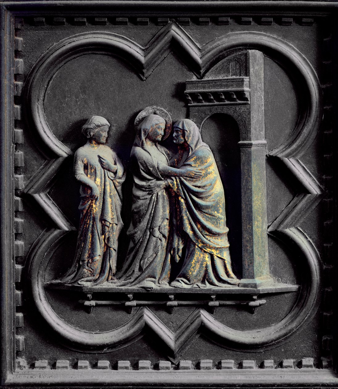 La Visitación, tercer panel de las Puertas Sur del Baptisterio de San Giovanni, 1336 de Andrea Pisano