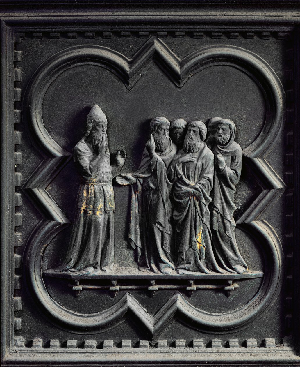 Zacarías queda mudo, segundo panel de las Puertas Sur del Baptisterio de San Giovanni, 1336 de Andrea Pisano