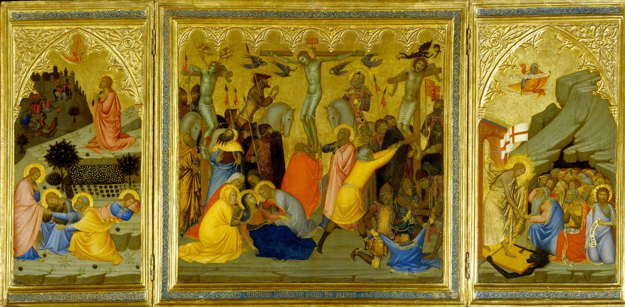 Un tríptico: Agonía en el jardín, La crucifixión y La resurrección de los patriarcas y profetas (detalle) de Andrea Vanni
