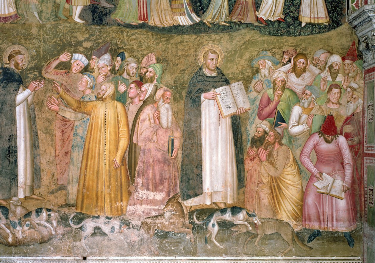 La Iglesia Militante y Triunfante, detalle de SS. Tomás y Pedro refutando a los herejes, del Capilla Española, c.1369 (detalle) de Andrea di Bonaiuto